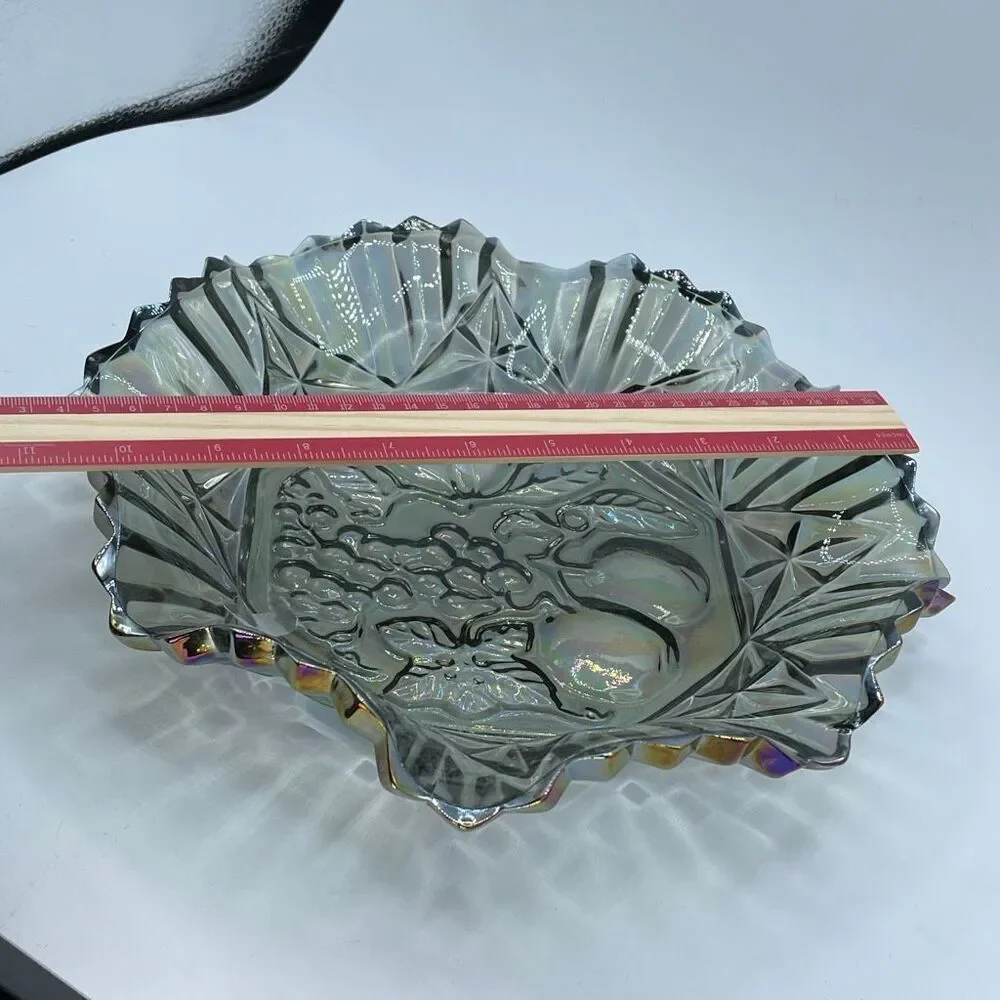 Vintage Federal Glass Pioneer Smoke Iridescent Carnival glass ruffled bowl.